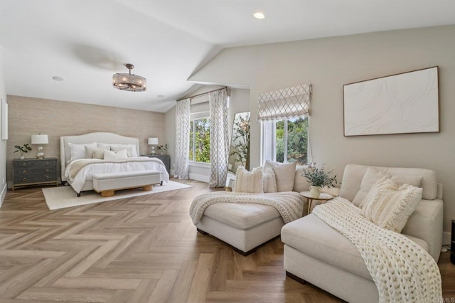 5414 Foxtail Loop, Carlsbad, CA 92010 - bedroom featuring vaulted ceiling, an accent wall, and recessed lighting