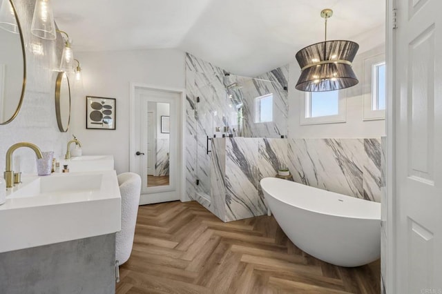 5414 Foxtail Loop, Carlsbad, CA 92010 - full bathroom featuring a freestanding tub, double vanity, a marble finish shower, tile walls, and lofted ceiling