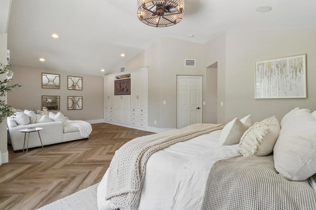 5414 Foxtail Loop, Carlsbad, CA 92010 - bedroom with recessed lighting and high vaulted ceiling