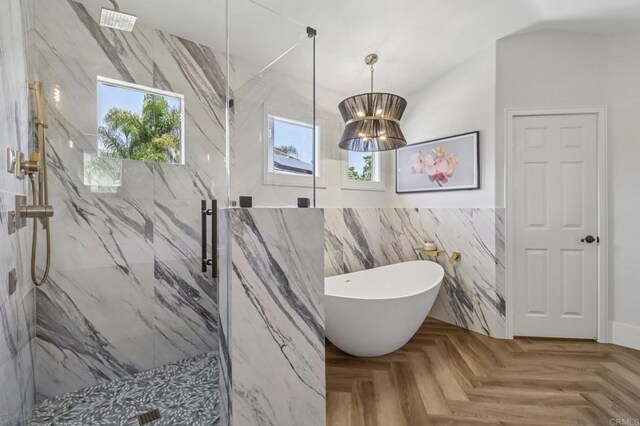 5414 Foxtail Loop, Carlsbad, CA 92010 - full bathroom with tile walls, a marble finish shower, a freestanding tub, and wainscoting