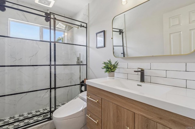 5414 Foxtail Loop, Carlsbad, CA 92010 - bathroom with a marble finish shower, vanity, and tasteful backsplash
