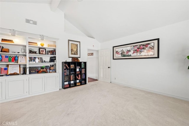 22410 Starwood Dr, Yorba Linda, CA 92887 - living area with carpet floors, beamed ceiling, and high vaulted ceiling