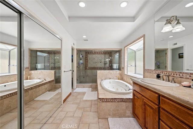 22410 Starwood Dr, Yorba Linda, CA 92887 - full bathroom with vanity, a stall shower, a whirlpool tub, recessed lighting, and a raised ceiling