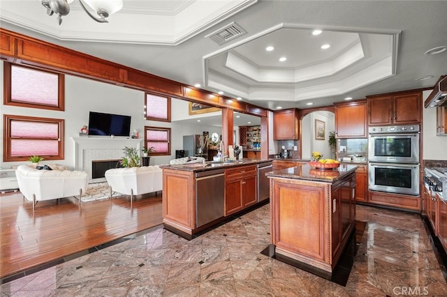 22410 Starwood Dr, Yorba Linda, CA 92887 - kitchen featuring a tray ceiling, appliances with stainless steel finishes, ornamental molding, a fireplace, and arched walkways