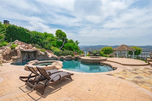 22410 Starwood Dr, Yorba Linda, CA 92887 - view of pool featuring a gazebo, a patio, a pool with connected hot tub, and a mountain view