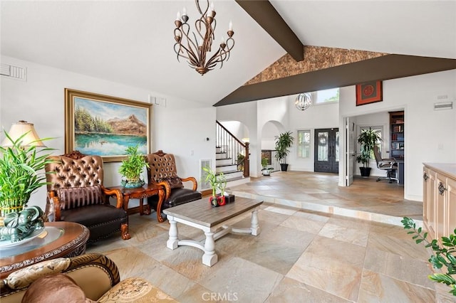 22410 Starwood Dr, Yorba Linda, CA 92887 - living area with high vaulted ceiling, arched walkways, stairs, a chandelier, and beamed ceiling