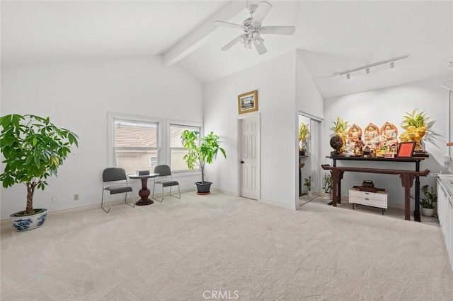 22410 Starwood Dr, Yorba Linda, CA 92887 - sitting room featuring track lighting, a ceiling fan, carpet flooring, beamed ceiling, and high vaulted ceiling