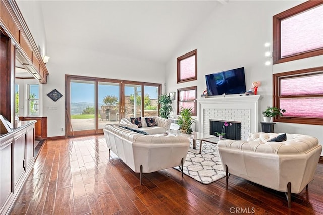 22410 Starwood Dr, Yorba Linda, CA 92887 - living area featuring high vaulted ceiling, wood-type flooring, and a fireplace