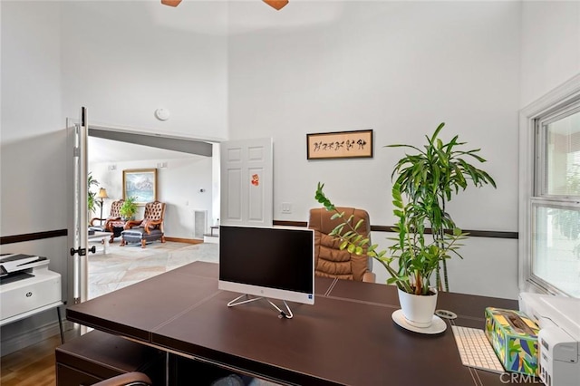 22410 Starwood Dr, Yorba Linda, CA 92887 - office area with a high ceiling and ceiling fan
