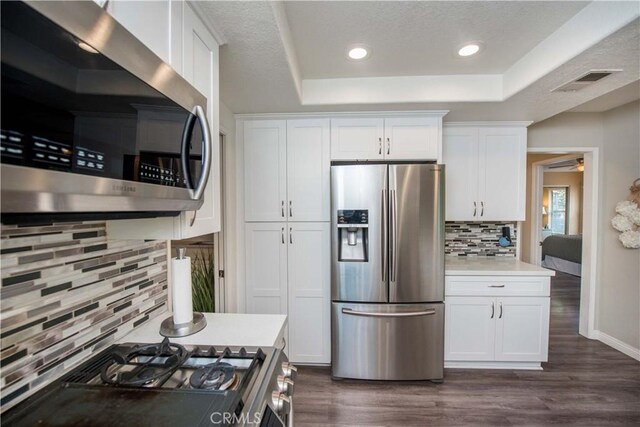 747 De Jesus, Placentia, CA 92870 - kitchen with stainless steel appliances, a tray ceiling, white cabinets, dark wood finished floors, and decorative backsplash