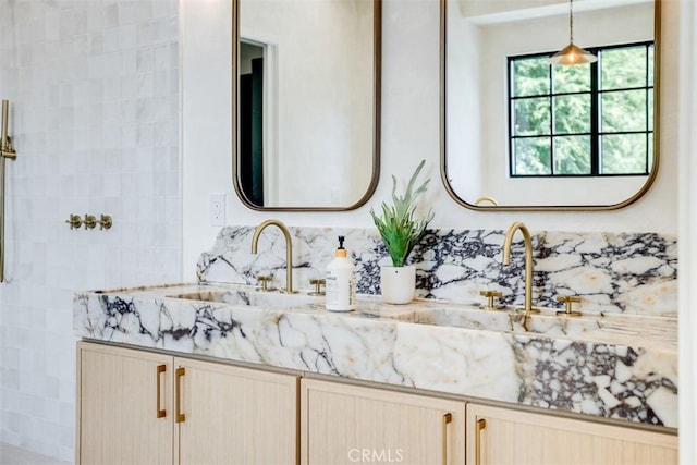 3756 Goodland Ave, Studio City, CA 91604 - bathroom featuring vanity, decorative backsplash, and tiled shower