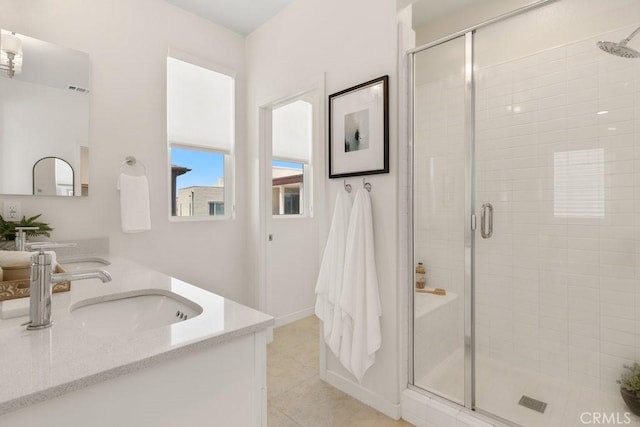 542 Cultivate, Irvine, CA 92618 - bathroom with double vanity, a stall shower, and tile patterned flooring