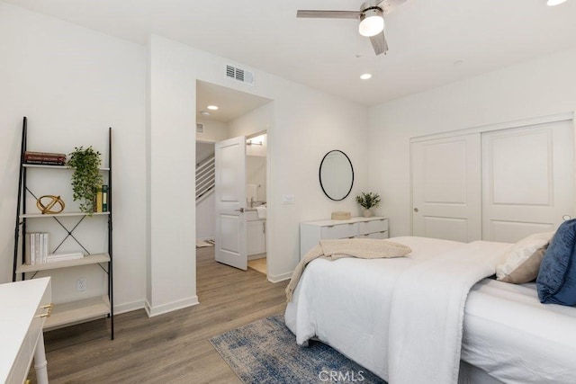 542 Cultivate, Irvine, CA 92618 - bedroom featuring wood finished floors, a closet, recessed lighting, ensuite bathroom, and a ceiling fan
