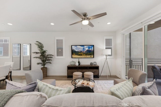 542 Cultivate, Irvine, CA 92618 - living room featuring a ceiling fan, wood finished floors, and recessed lighting