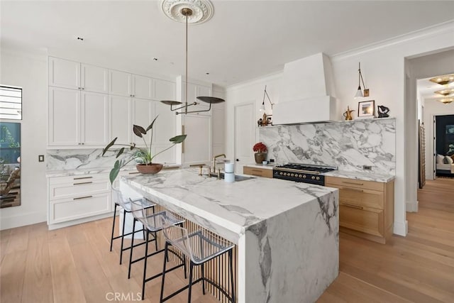 1115 Myles Ln, Nipomo, CA 93444 - kitchen featuring premium range hood, tasteful backsplash, light wood-style floors, range with gas cooktop, and crown molding