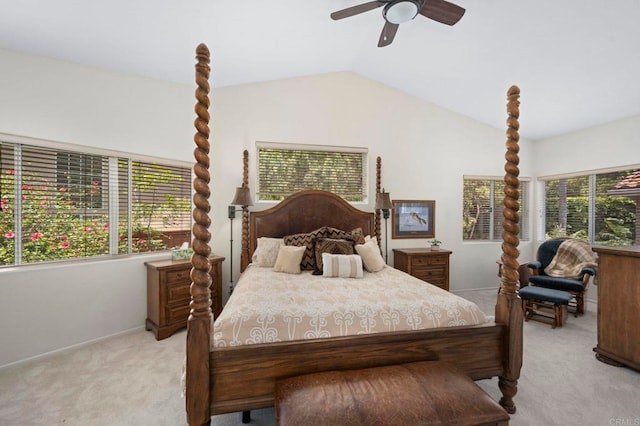 3430 Corte Viejo, Carlsbad, CA 92009 - bedroom with light carpet, lofted ceiling, and ceiling fan