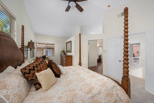 3430 Corte Viejo, Carlsbad, CA 92009 - bedroom with multiple windows, high vaulted ceiling, carpet floors, and a ceiling fan