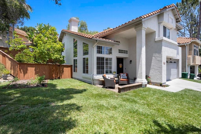 3430 Corte Viejo, Carlsbad, CA 92009 - rear view of house featuring a chimney, a tiled roof, a garage, and stucco siding