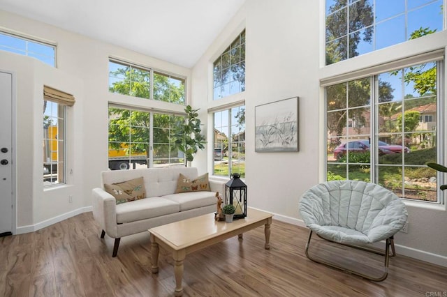 3430 Corte Viejo, Carlsbad, CA 92009 - living room with high vaulted ceiling, wood finished floors, and healthy amount of natural light