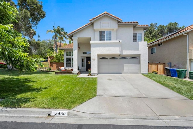 3430 Corte Viejo, Carlsbad, CA 92009 - mediterranean / spanish home with a tiled roof, stucco siding, an attached garage, and concrete driveway