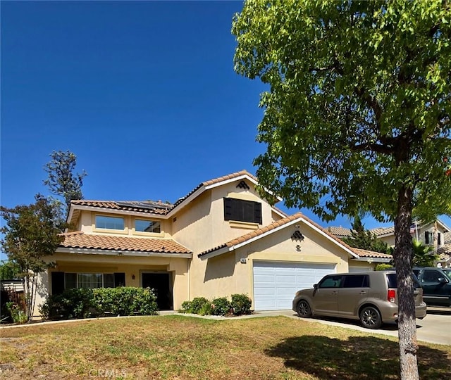 24870 Appian Way, Murrieta, CA 92562 - mediterranean / spanish-style home featuring a front yard, an attached garage, stucco siding, a tiled roof, and concrete driveway