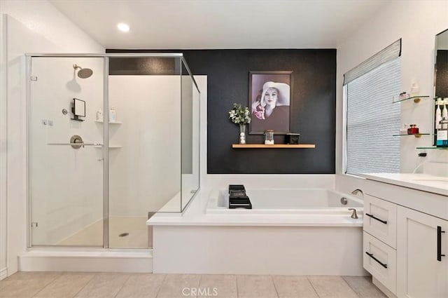 2516 Chad Zeller Ln, Corona, CA 92882 - bathroom with vanity, a shower stall, a garden tub, tile patterned flooring, and recessed lighting