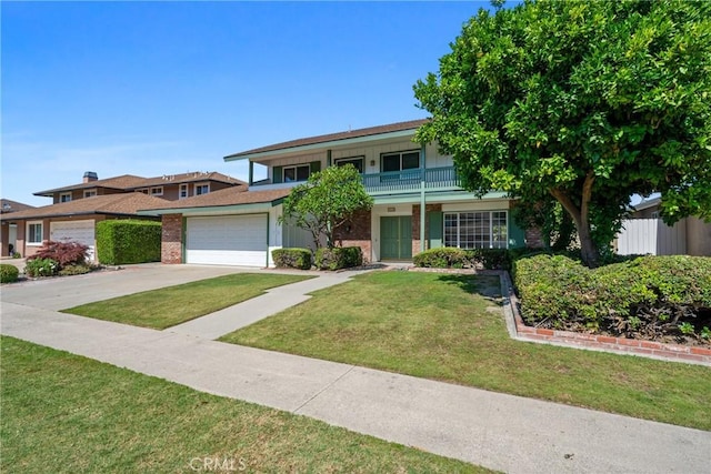 18684 Santa Ynez St, Fountain Valley, CA 92708 - view of front facade featuring concrete driveway, a front lawn, a garage, brick siding, and a balcony