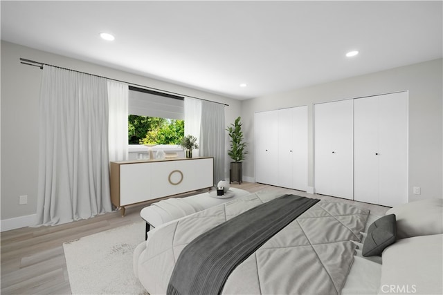 18684 Santa Ynez St, Fountain Valley, CA 92708 - bedroom featuring multiple closets, light wood-style floors, and recessed lighting
