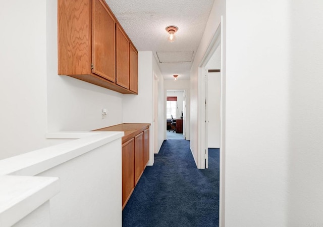 1403 Manzana Way, San Diego, CA 92139 - hallway with dark carpet, attic access, and a textured ceiling