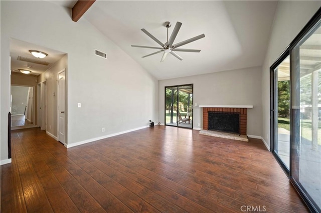 41015 163rd St E, Lancaster, CA 93535 - unfurnished living room featuring high vaulted ceiling, a ceiling fan, hardwood / wood-style floors, beam ceiling, and a brick fireplace