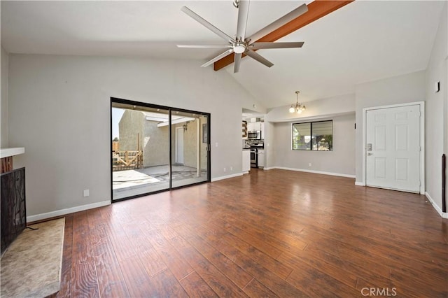 41015 163rd St E, Lancaster, CA 93535 - unfurnished living room with a ceiling fan, wood finished floors, and a chandelier