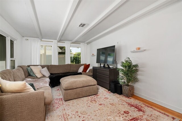 12424 Sarah St, Studio City, CA 91604 - living area featuring beam ceiling and wood finished floors
