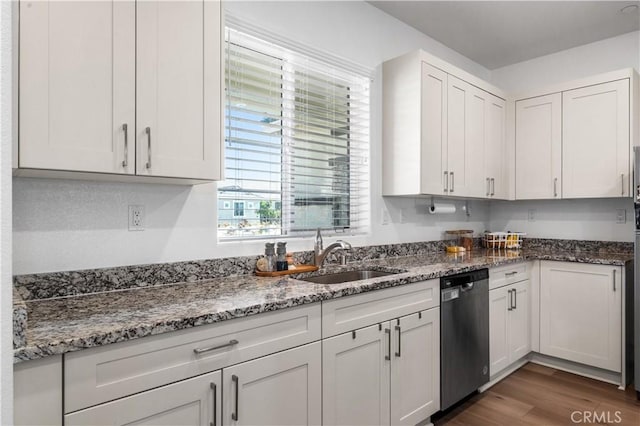 12366 Ranchito Way, Victorville, CA 92392 - kitchen with stainless steel dishwasher, dark wood finished floors, white cabinets, and stone counters