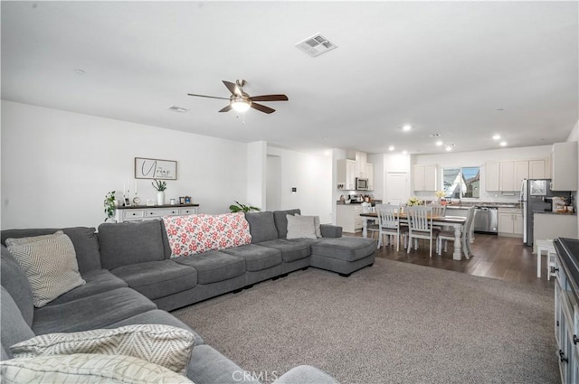 12366 Ranchito Way, Victorville, CA 92392 - living room with a ceiling fan, dark wood-style floors, and recessed lighting