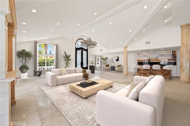 3856 Vista Linda Dr, Encino, CA 91316 - living area featuring ornate columns, recessed lighting, high vaulted ceiling, and bar