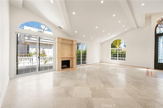 3856 Vista Linda Dr, Encino, CA 91316 - unfurnished living room with beam ceiling, high vaulted ceiling, a fireplace, and recessed lighting
