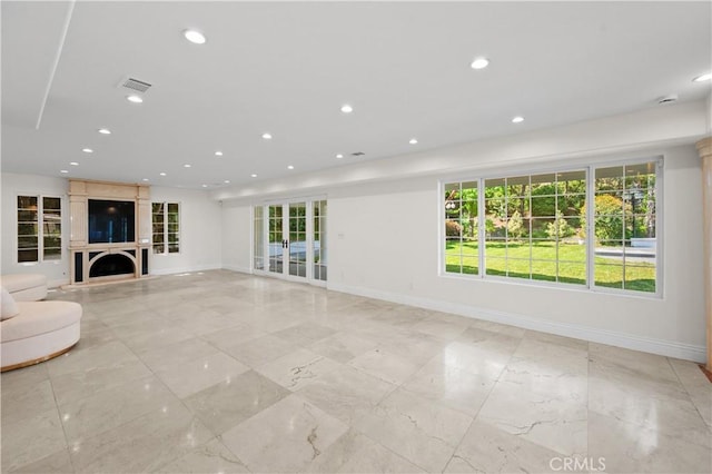 3856 Vista Linda Dr, Encino, CA 91316 - unfurnished living room featuring recessed lighting, a fireplace with raised hearth, and light marble finish floors