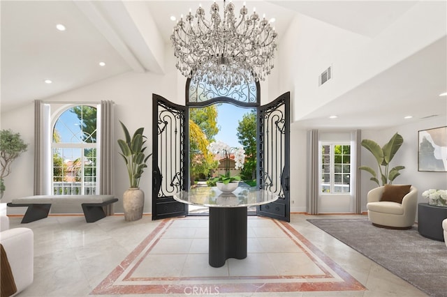 3856 Vista Linda Dr, Encino, CA 91316 - foyer entrance with recessed lighting, high vaulted ceiling, inlaid floor details, and light marble finish flooring