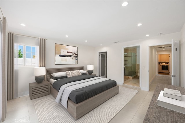 3856 Vista Linda Dr, Encino, CA 91316 - bedroom featuring recessed lighting, light tile patterned floors, washer / clothes dryer, and connected bathroom