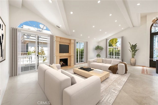 3856 Vista Linda Dr, Encino, CA 91316 - living room with beamed ceiling, a lit fireplace, light tile patterned flooring, recessed lighting, and high vaulted ceiling