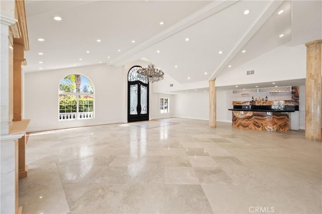 3856 Vista Linda Dr, Encino, CA 91316 - unfurnished living room featuring decorative columns, high vaulted ceiling, recessed lighting, and bar
