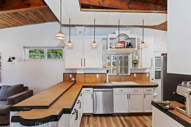 1946 Desert Front Rd, Wrightwood, CA 92397 - kitchen featuring stainless steel dishwasher, open shelves, a peninsula, white cabinetry, and a wood ceiling with exposed beams