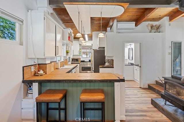 1946 Desert Front Rd, Wrightwood, CA 92397 - kitchen featuring a wooden ceiling with exposed beams, stainless steel appliances, light wood-type flooring, a peninsula, and white cabinets