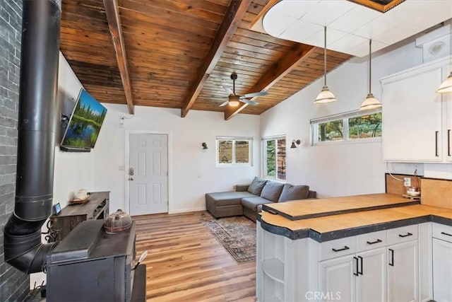 1946 Desert Front Rd, Wrightwood, CA 92397 - living room with light wood-type flooring, a wooden ceiling with exposed beams, a ceiling fan, and a wood stove