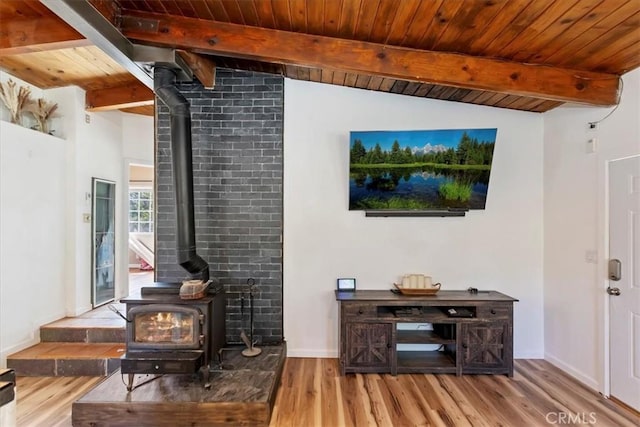 1946 Desert Front Rd, Wrightwood, CA 92397 - living area featuring a wood stove, wood finished floors, and wood ceiling