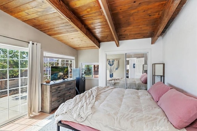 1946 Desert Front Rd, Wrightwood, CA 92397 - bedroom with a wooden ceiling with exposed beams, freestanding refrigerator, and access to exterior