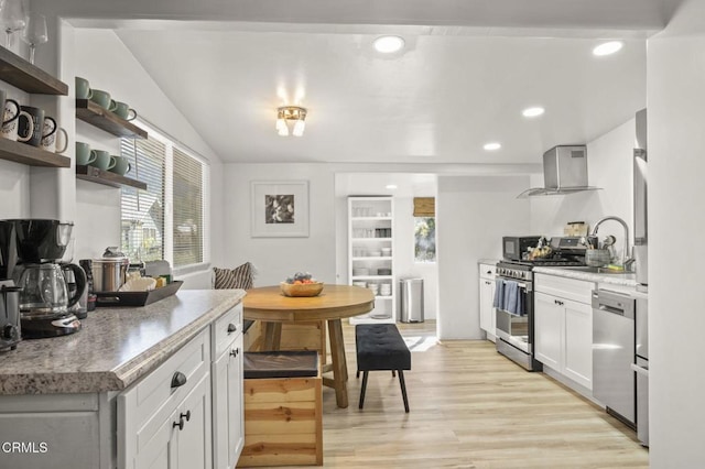 12710 Ojai Rd, Ojai, CA 93023 - kitchen featuring appliances with stainless steel finishes, range hood, light wood-style floors, recessed lighting, and open shelves