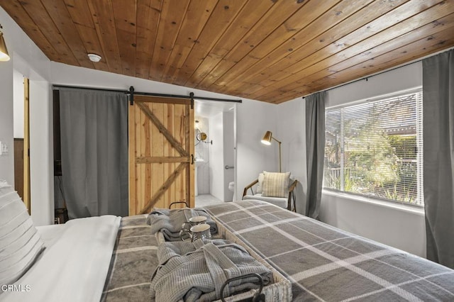 12710 Ojai Rd, Ojai, CA 93023 - bedroom featuring a barn door, lofted ceiling, and wooden ceiling