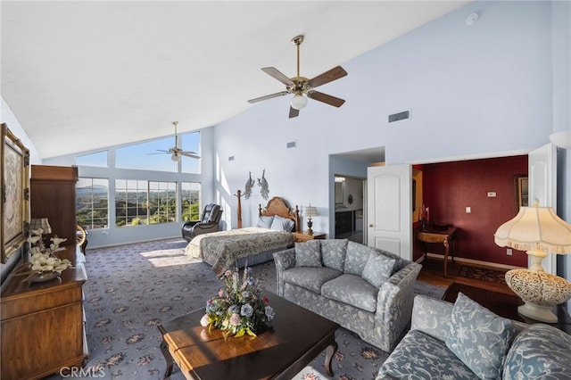 40115 Via Cordova, Temecula, CA 92592 - carpeted living room featuring ceiling fan and high vaulted ceiling