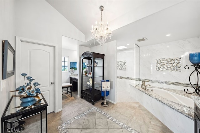 40115 Via Cordova, Temecula, CA 92592 - bathroom with a bath, vanity, a walk in shower, a chandelier, and vaulted ceiling